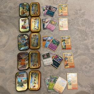 Pokemon 5 mini tins with 3 cards each and an art card with each tin